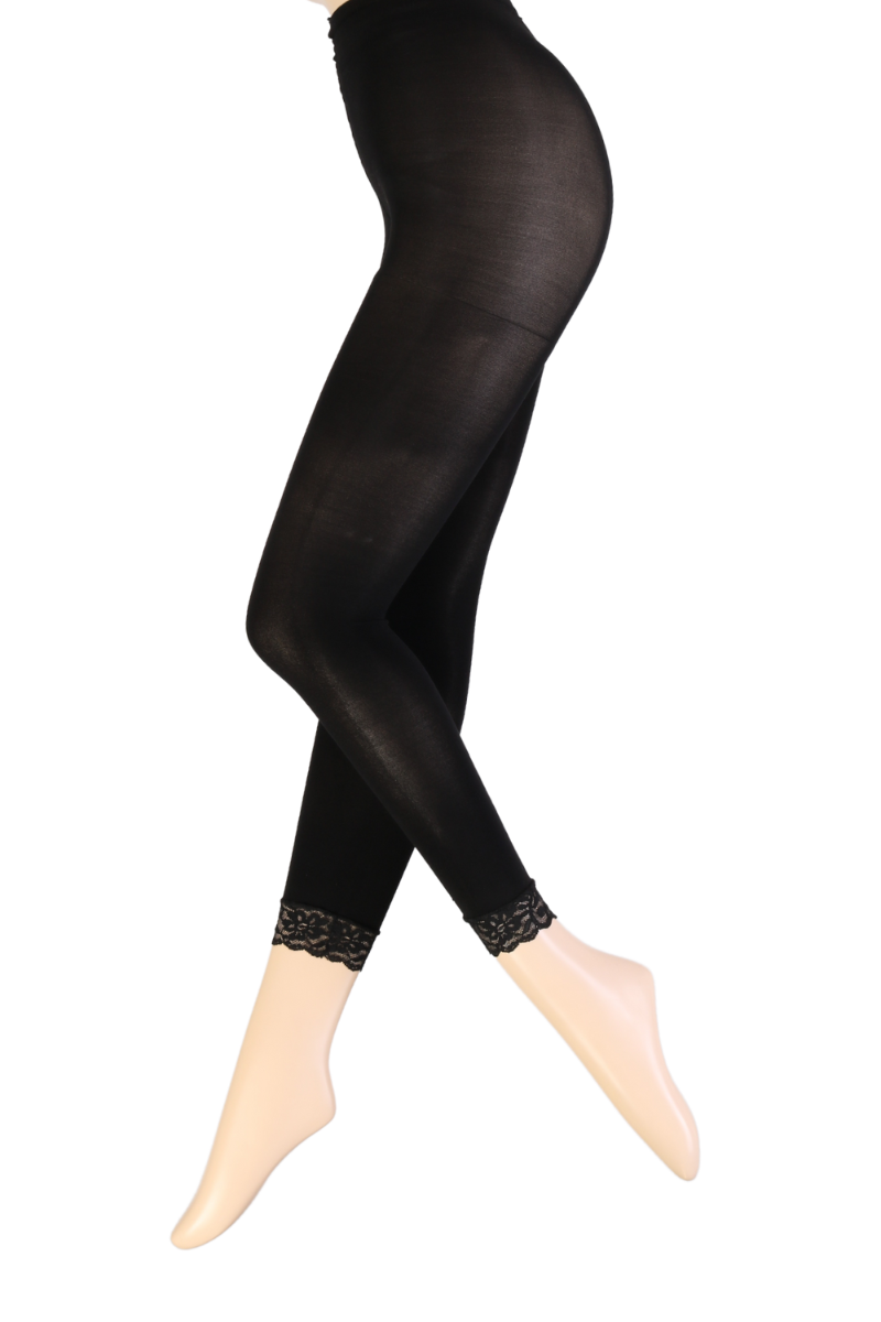 EGLE black leggings for women featuring a delicate black lace trim, perfect for yoga and casual wear.