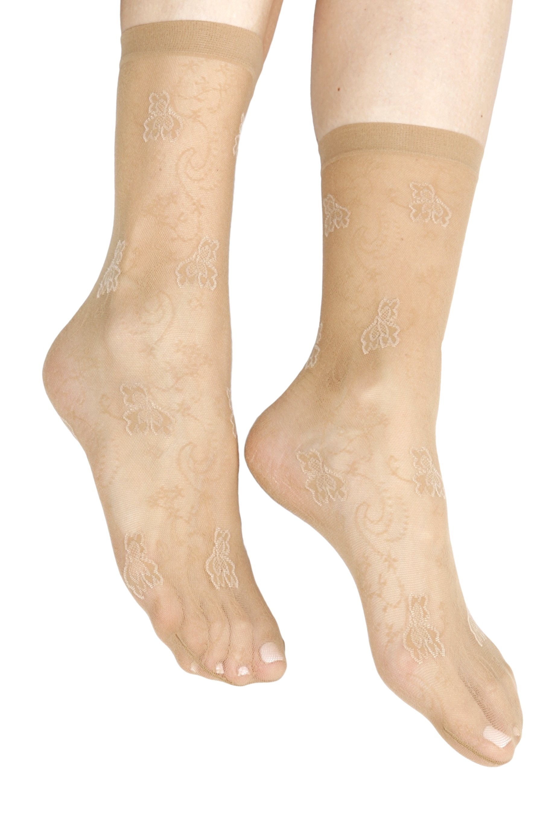 A pair of ELIA 20DEN sheer beige socks displayed elegantly, showcasing their soft texture and stylish design.