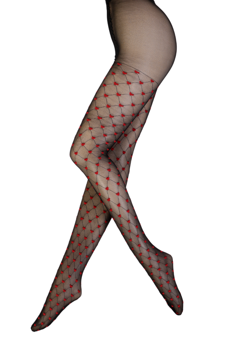 EMMA black tights featuring a playful red hearts pattern on a black background, perfect for stylish outfits.