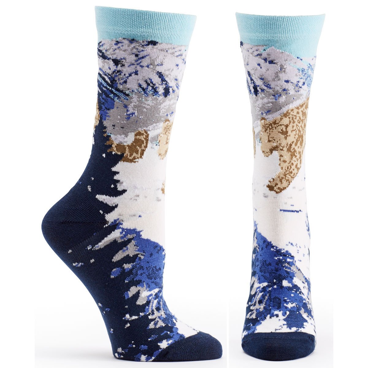 A pair of Endangered Cats Snow Leopard socks featuring a beautiful snow leopard design, made from eco-friendly materials, showcasing vibrant colors and intricate patterns.