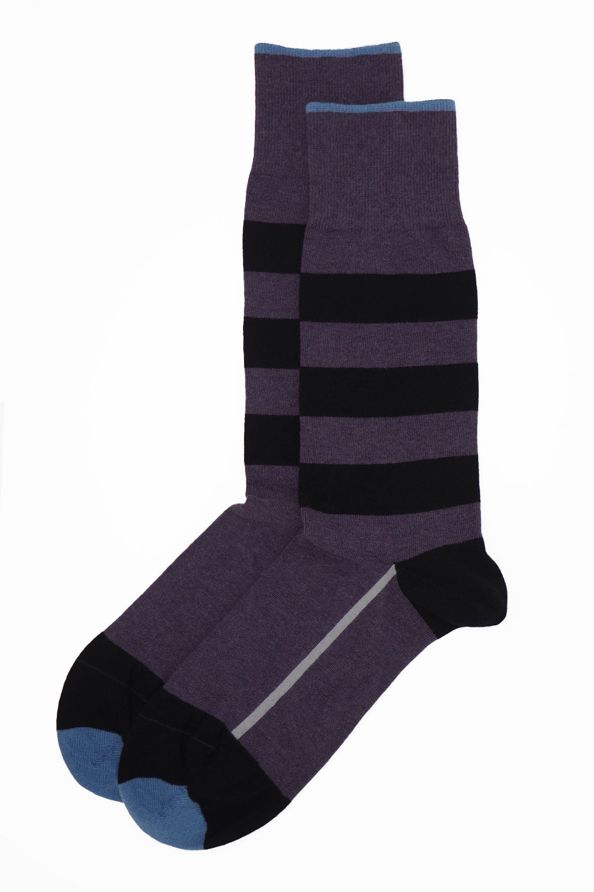 Equilibrium Organic Men's Socks in purple with black stripes and white line, showcasing sustainable fashion.