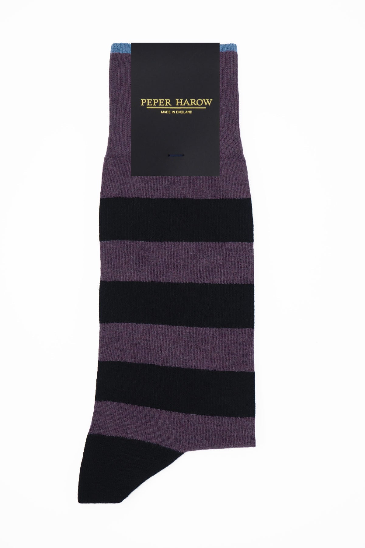 Equilibrium Organic Men's Socks in purple with black stripes and white line, showcasing sustainable fashion.