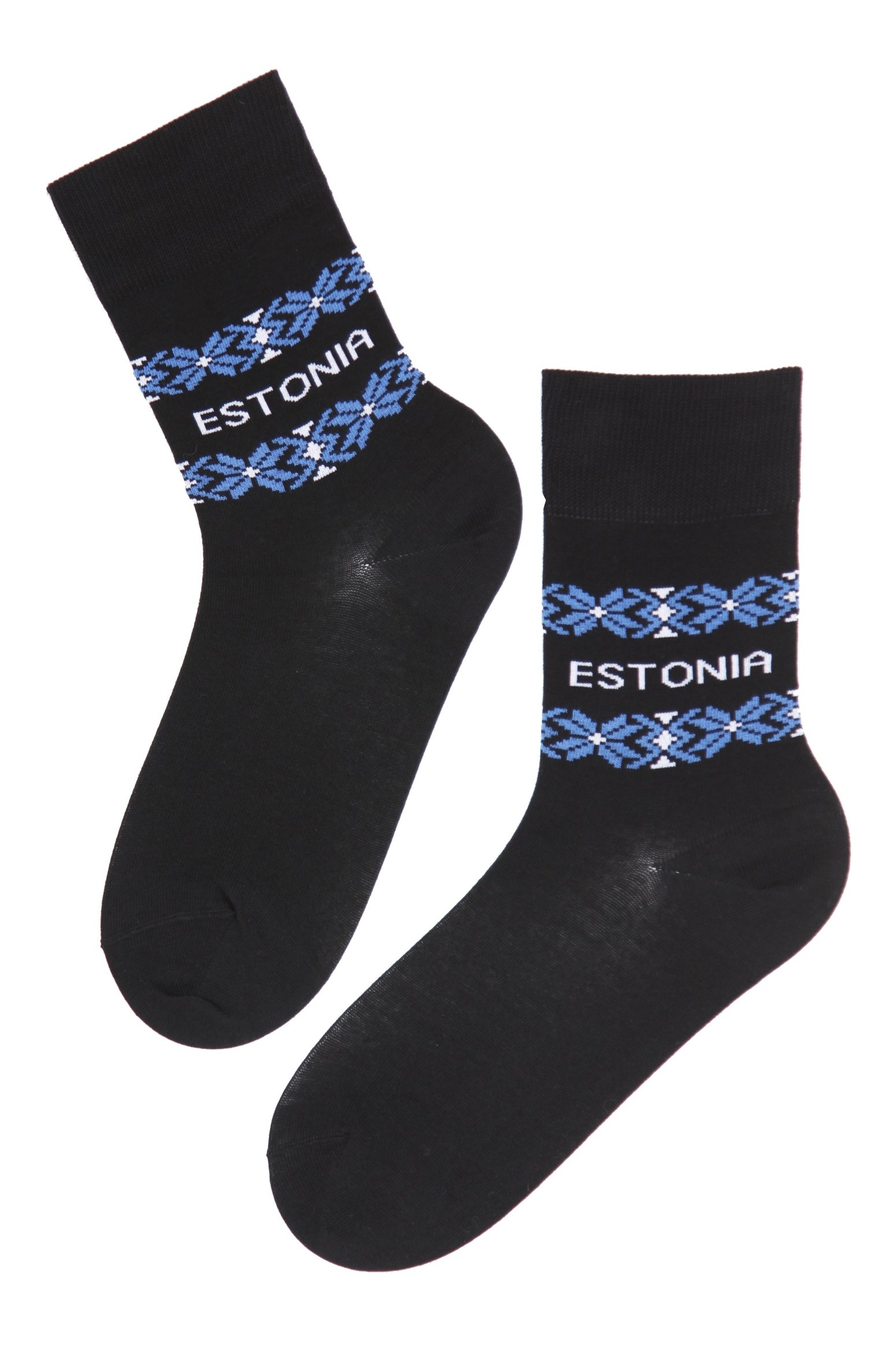 Black ESTLAND cotton socks featuring Estonia design with 'ESTONIA' written on them, suitable for men and women.