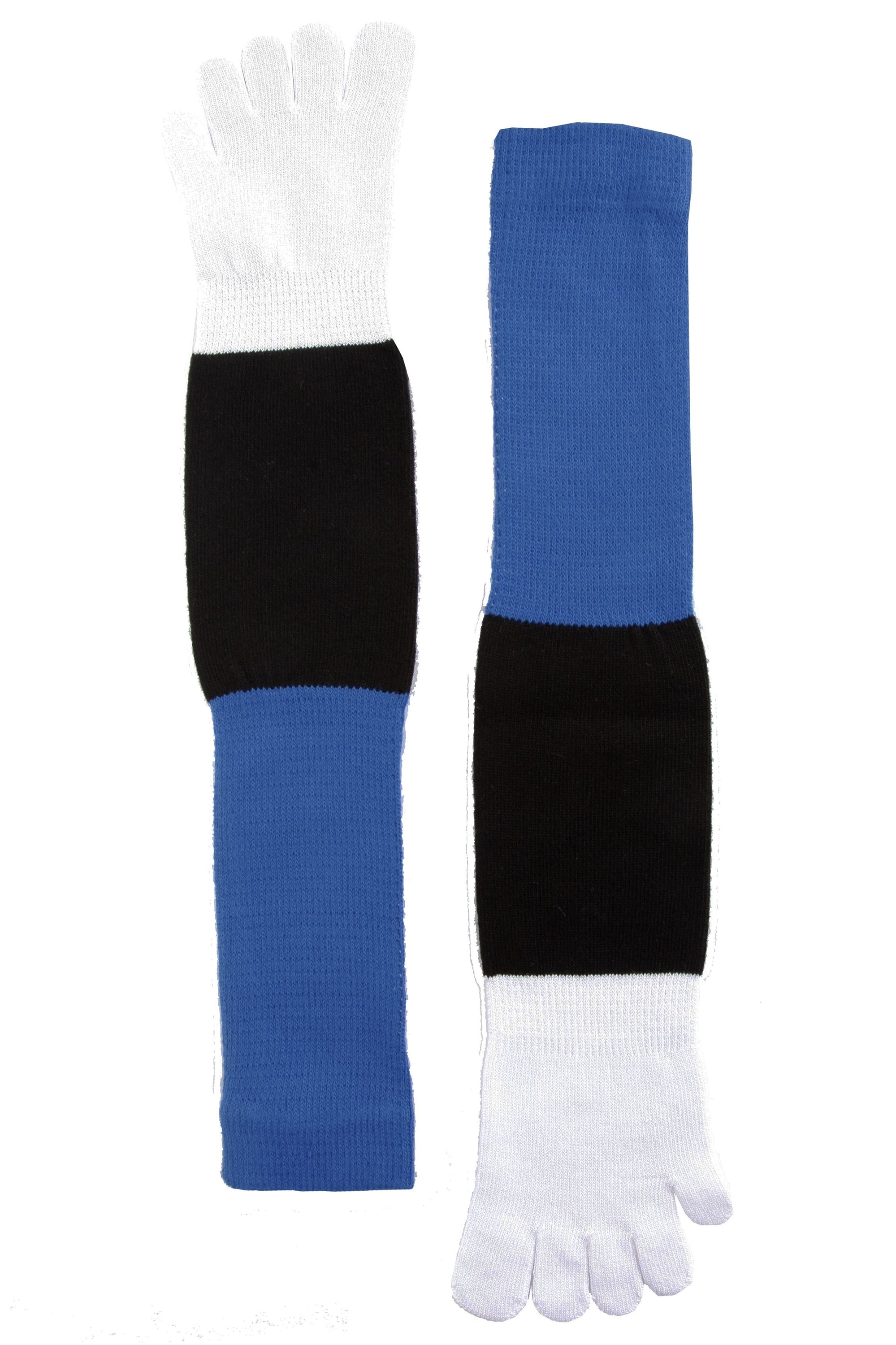 A pair of cotton toe socks featuring the blue, black, and white colors of the Estonia flag, designed for comfort and style.