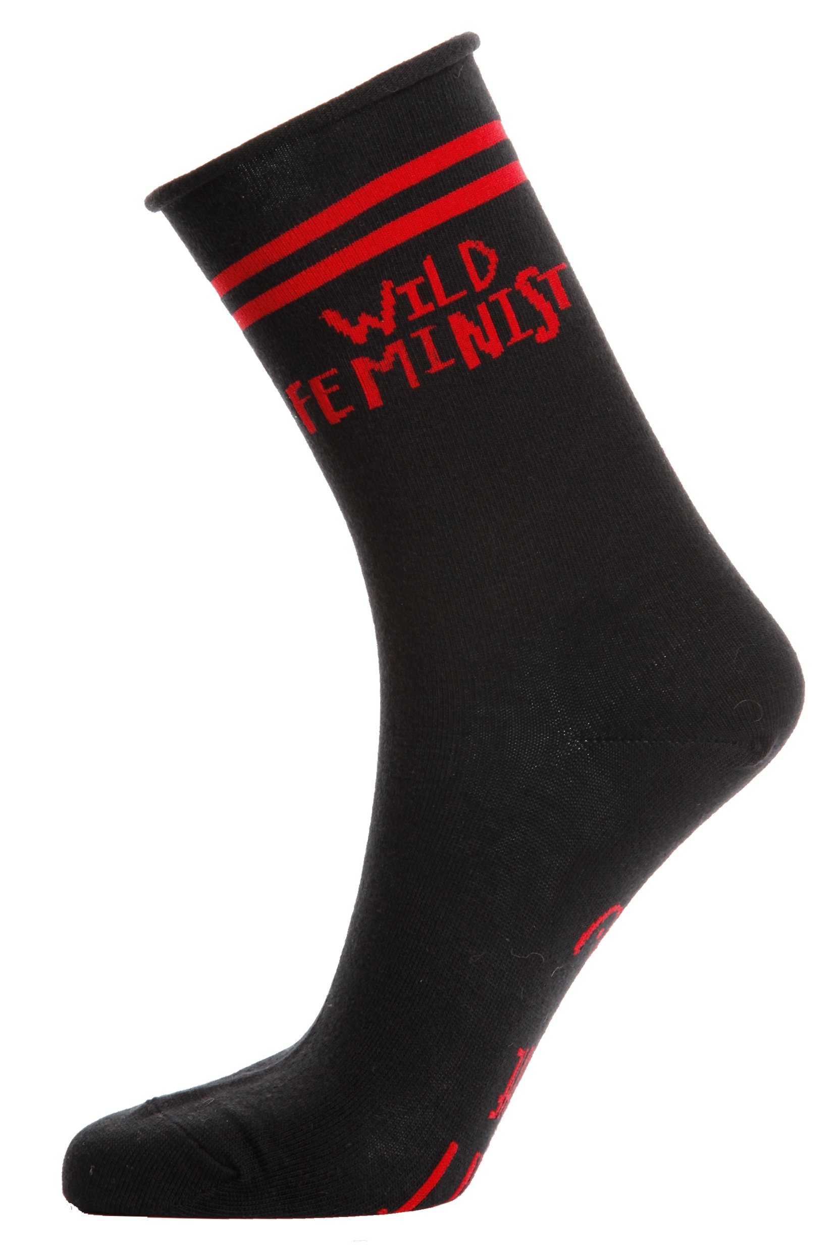 A pair of black cotton socks for women featuring the text 'WILD FEMINIST' on the side and 'Don't tell me to calm down' on the sole.