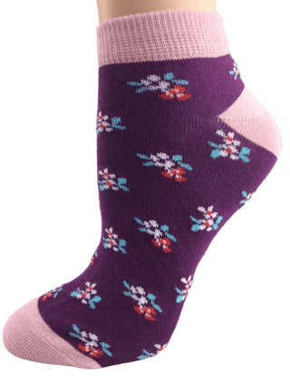 A pair of Floral Pattern Ankle Low Cut Cotton Socks featuring vibrant floral designs on a soft cotton blend fabric.