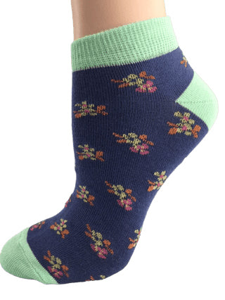 A pair of Floral Pattern Ankle Low Cut Cotton Socks featuring vibrant floral designs on a soft cotton blend fabric.