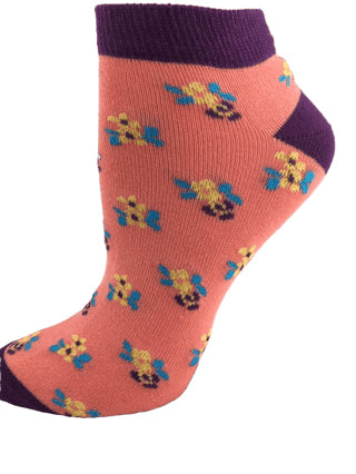 A pair of Floral Pattern Ankle Low Cut Cotton Socks featuring vibrant floral designs on a soft cotton blend fabric.