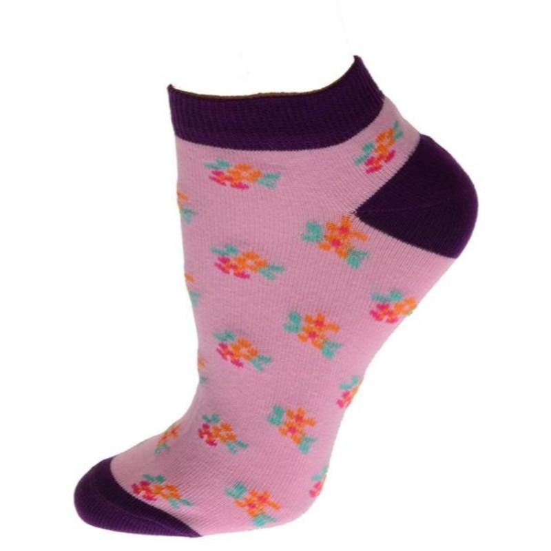 A pair of Floral Pattern Ankle Low Cut Cotton Socks featuring vibrant floral designs on a soft cotton blend fabric.