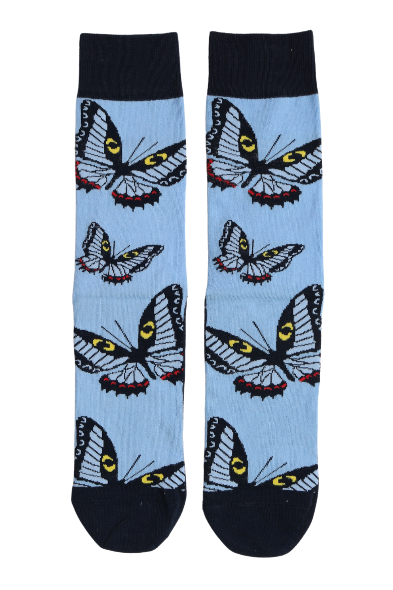 A pair of blue cotton socks featuring a butterfly pattern and 'FLY HIGH' text under the sole, suitable for both men and women.