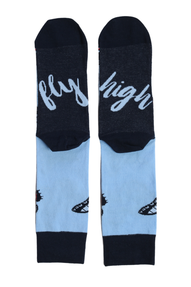 A pair of blue cotton socks featuring a butterfly pattern and 'FLY HIGH' text under the sole, suitable for both men and women.