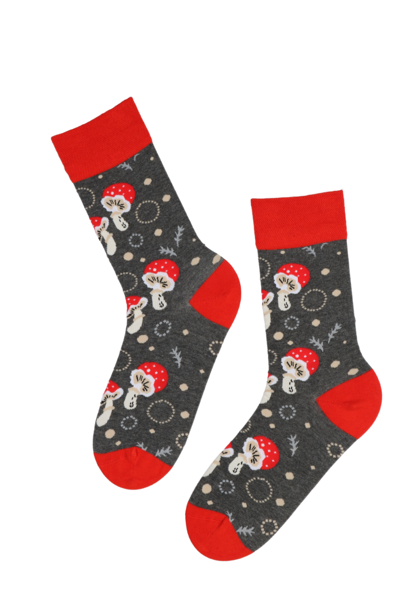 FLYAGARIC grey cotton socks featuring vibrant red mushroom designs, suitable for men and women.