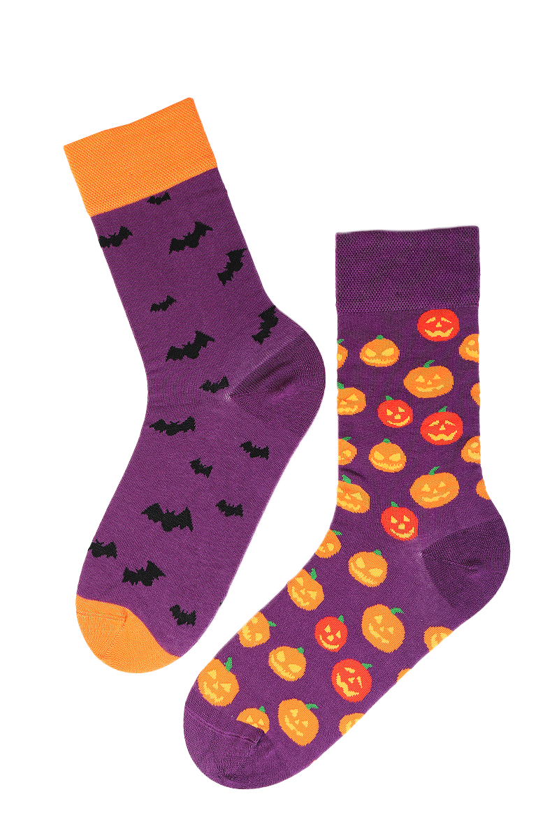 FLYING BAT Halloween socks featuring colorful pumpkins and bats designs, perfect for festive celebrations.