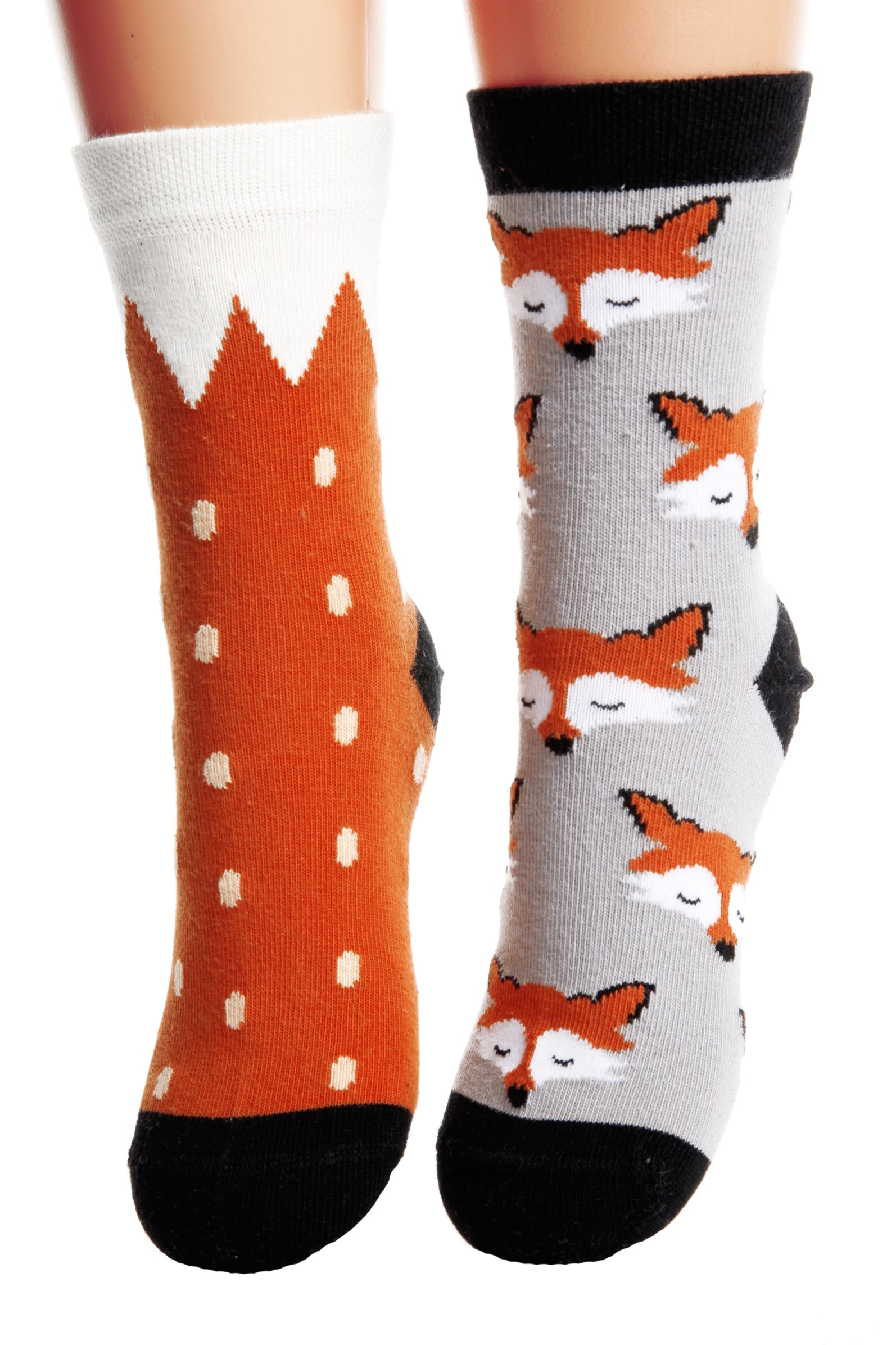 A pair of FOX cotton socks for children featuring a mismatched design in vibrant orange and grey colors, made from soft and breathable materials.