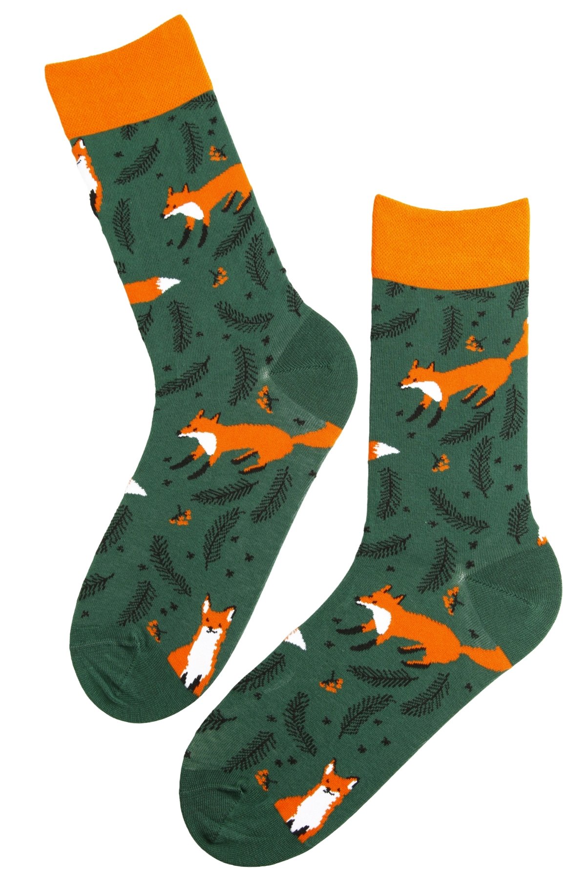 A pair of dark green cotton socks featuring a playful knitted fox pattern, suitable for both men and women.