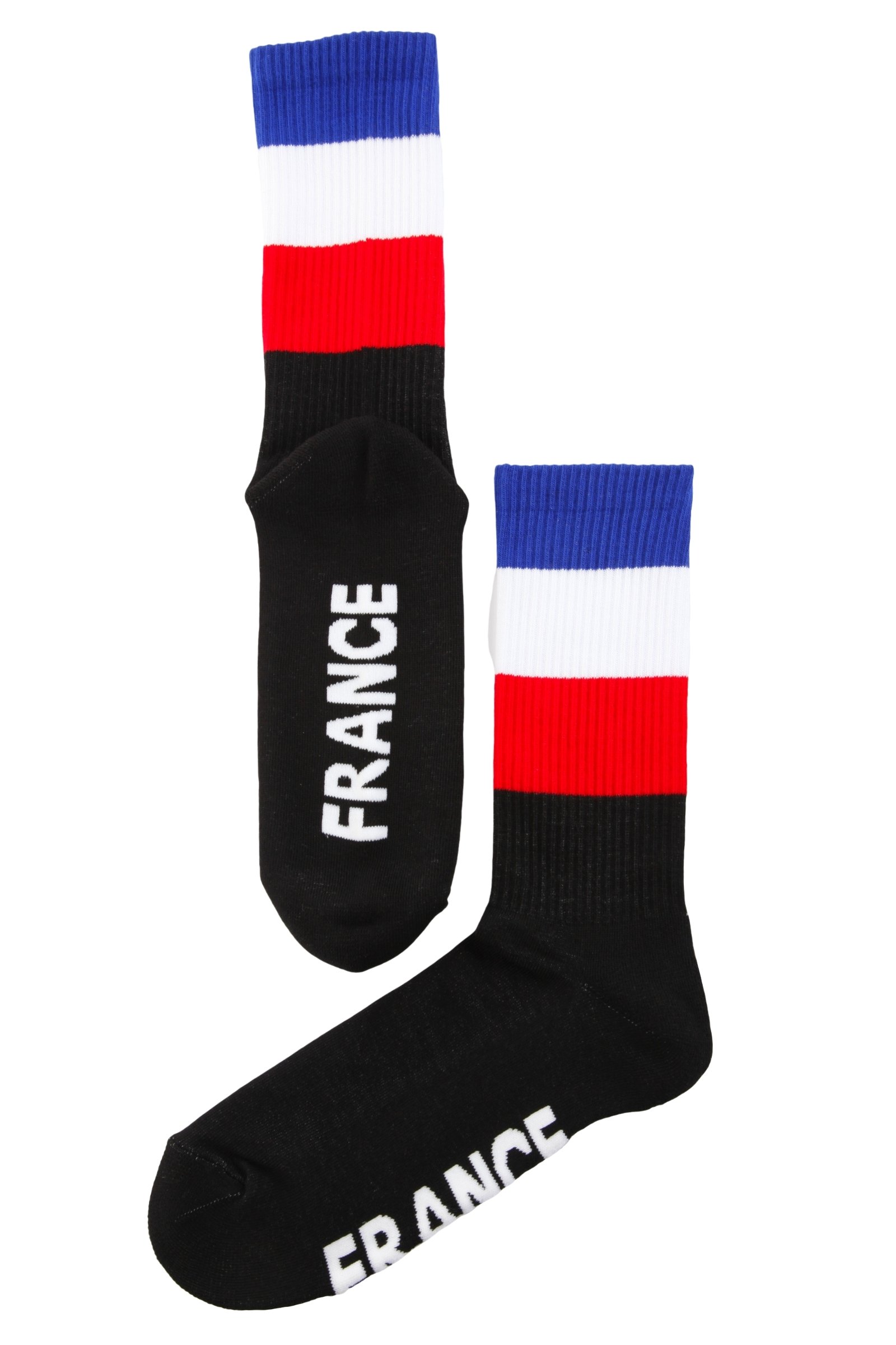 FRANCE flag socks featuring a ribbed knit design, black color, and 'FRANCE' written on the sole, suitable for men and women.