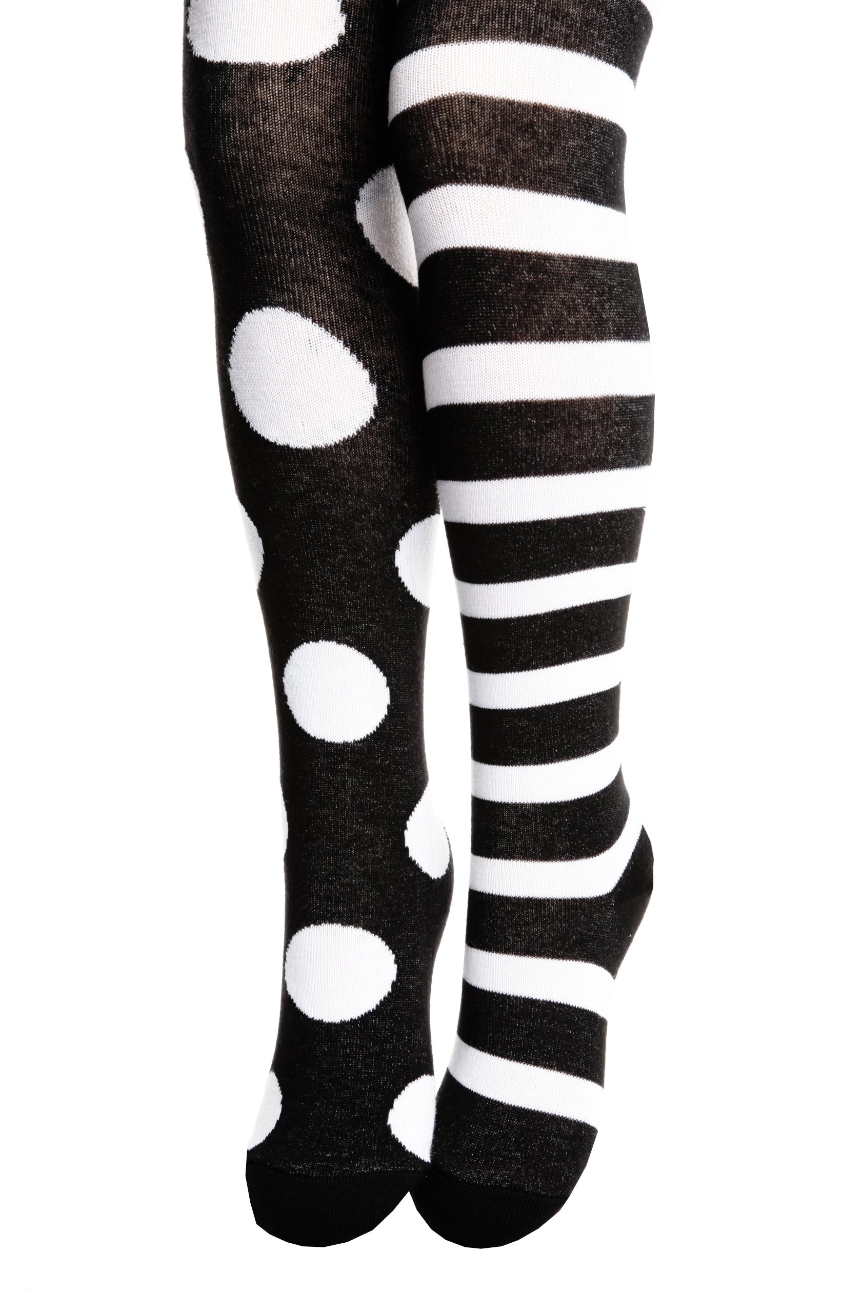 A pair of FUNNY DOTS black cotton tights for children featuring playful polka dots and stripes, perfect for stylish outfits.