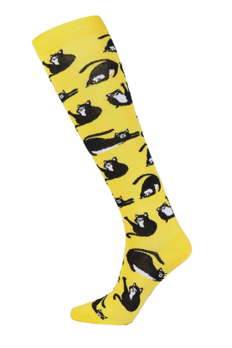 Furry yellow knee-high socks featuring playful black cats, perfect for cat lovers.