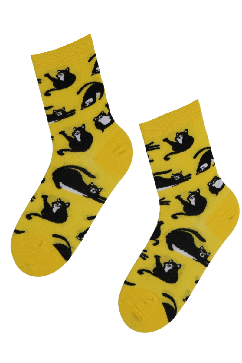 FURRY yellow socks featuring playful cat designs, perfect for cat lovers.