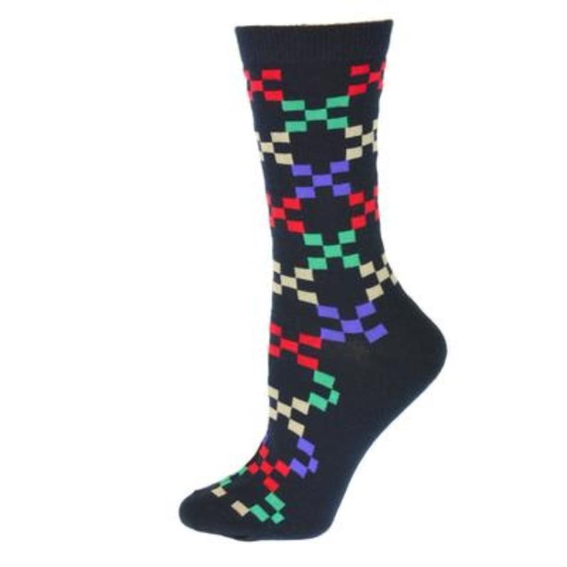 A pair of women's crew socks featuring a trendy geometric pattern in vibrant colors, made from soft cotton with a rib knit cuff.