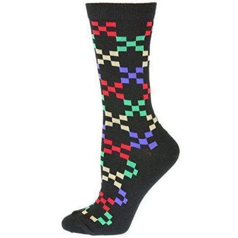 A pair of women's crew socks featuring a trendy geometric pattern in vibrant colors, made from soft cotton with a rib knit cuff.