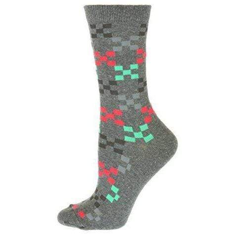 A pair of women's crew socks featuring a trendy geometric pattern in vibrant colors, made from soft cotton with a rib knit cuff.