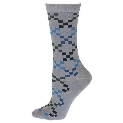 A pair of women's crew socks featuring a trendy geometric pattern in vibrant colors, made from soft cotton with a rib knit cuff.