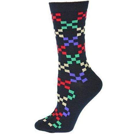 A pair of women's crew socks featuring a trendy geometric pattern in vibrant colors, made from soft cotton with a rib knit cuff.