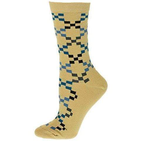 A pair of women's crew socks featuring a trendy geometric pattern in vibrant colors, made from soft cotton with a rib knit cuff.