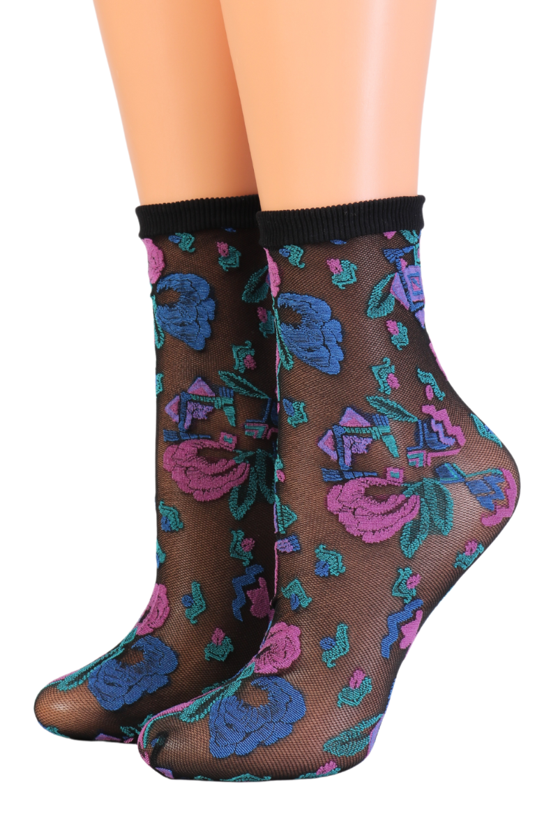 GIOVANNA black sheer socks featuring a colorful pattern, elegantly designed for women, perfect for pairing with heels.