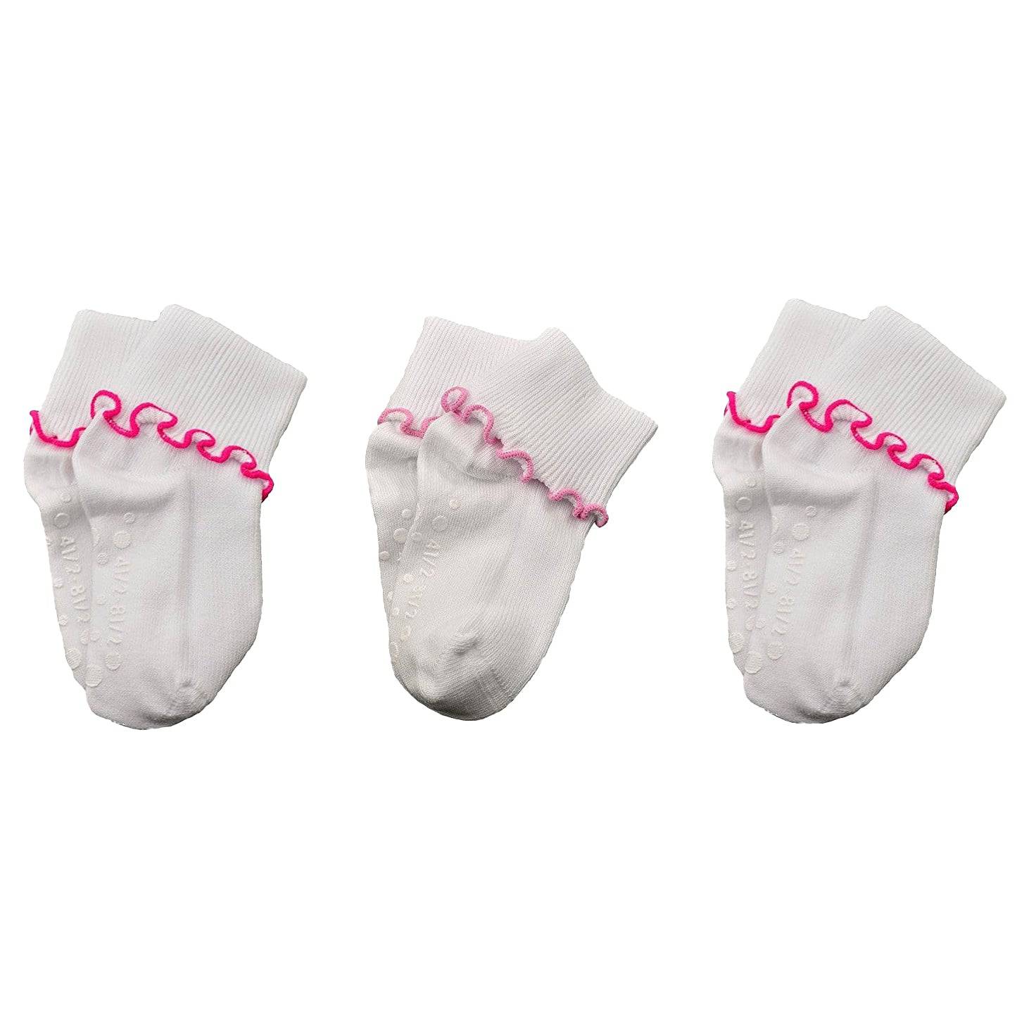 Girls Cotton Lettuce Ruffle Ripple Edge Turn Cuff socks featuring non-skid dots and seamless toe design, perfect for comfort and style.