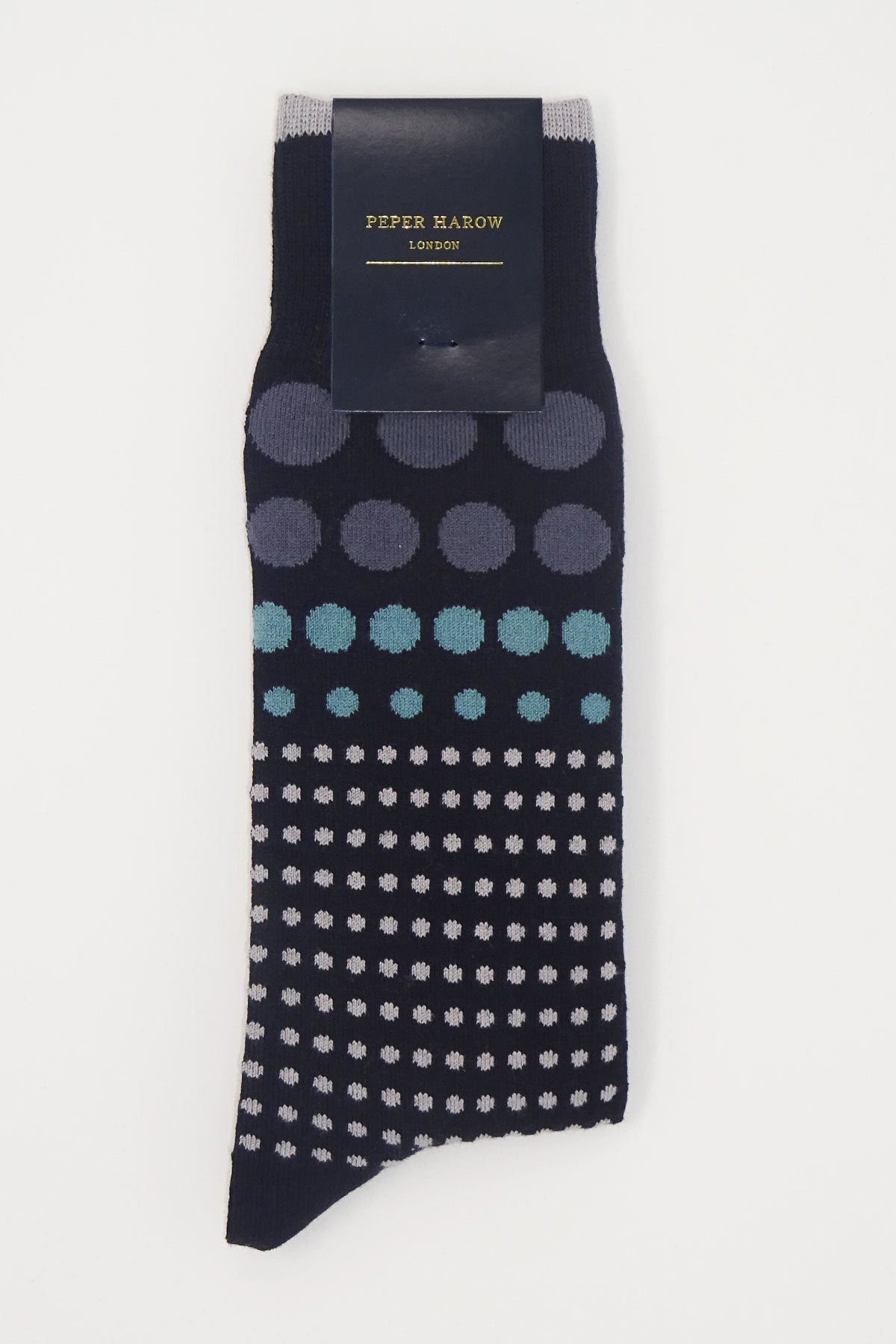 Grad Polka Men's Socks in black with grey, blue, and light grey polka dots, showcasing a stylish and luxurious design.