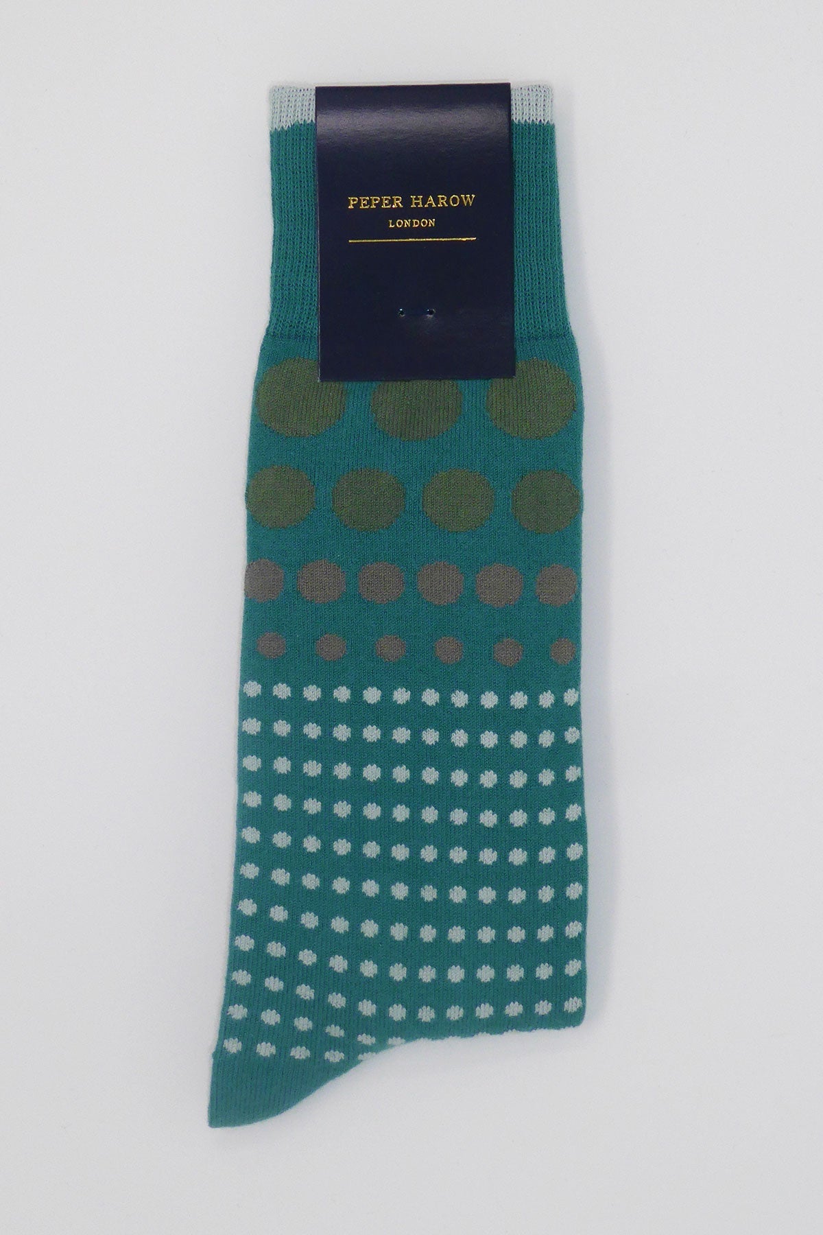 Teal Grad Polka Men's Socks featuring a stylish polka dot design in sage, olive, and pale blue colors.