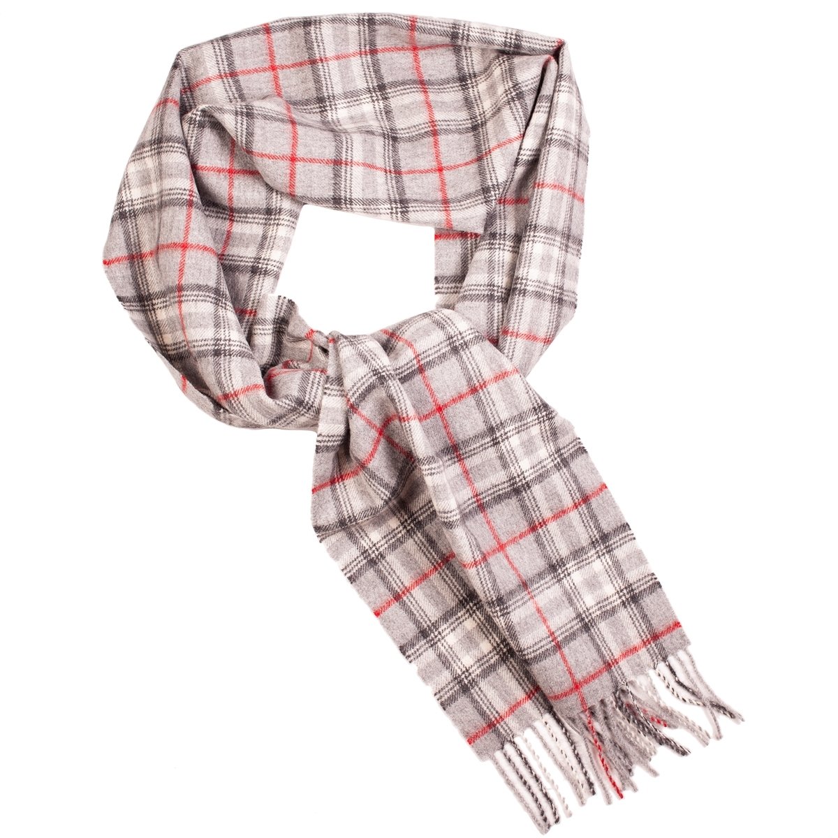 A luxurious grey checkered scarf made from 100% baby alpaca wool, showcasing its soft texture and elegant design.