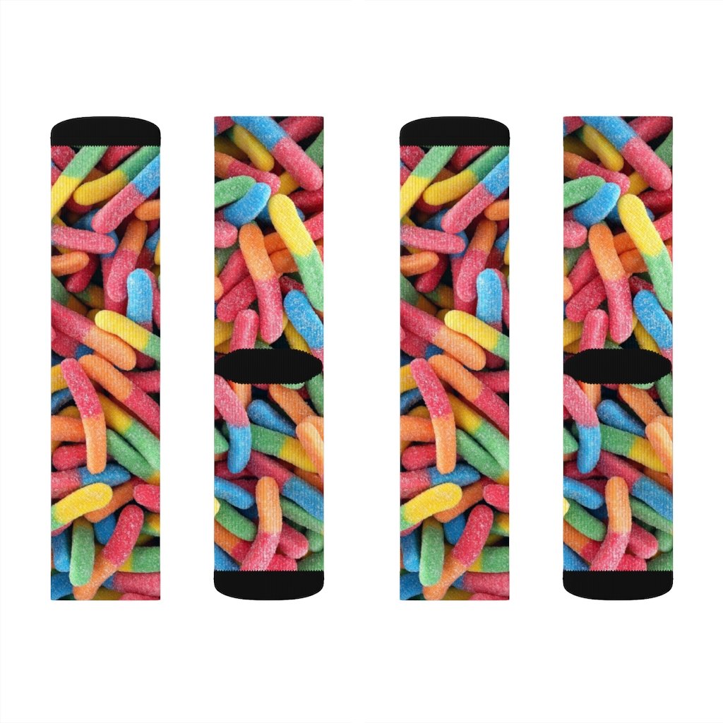 A pair of colorful Gummy Candy Novelty Socks featuring a vibrant candy print, perfect for adding a fun touch to any outfit.