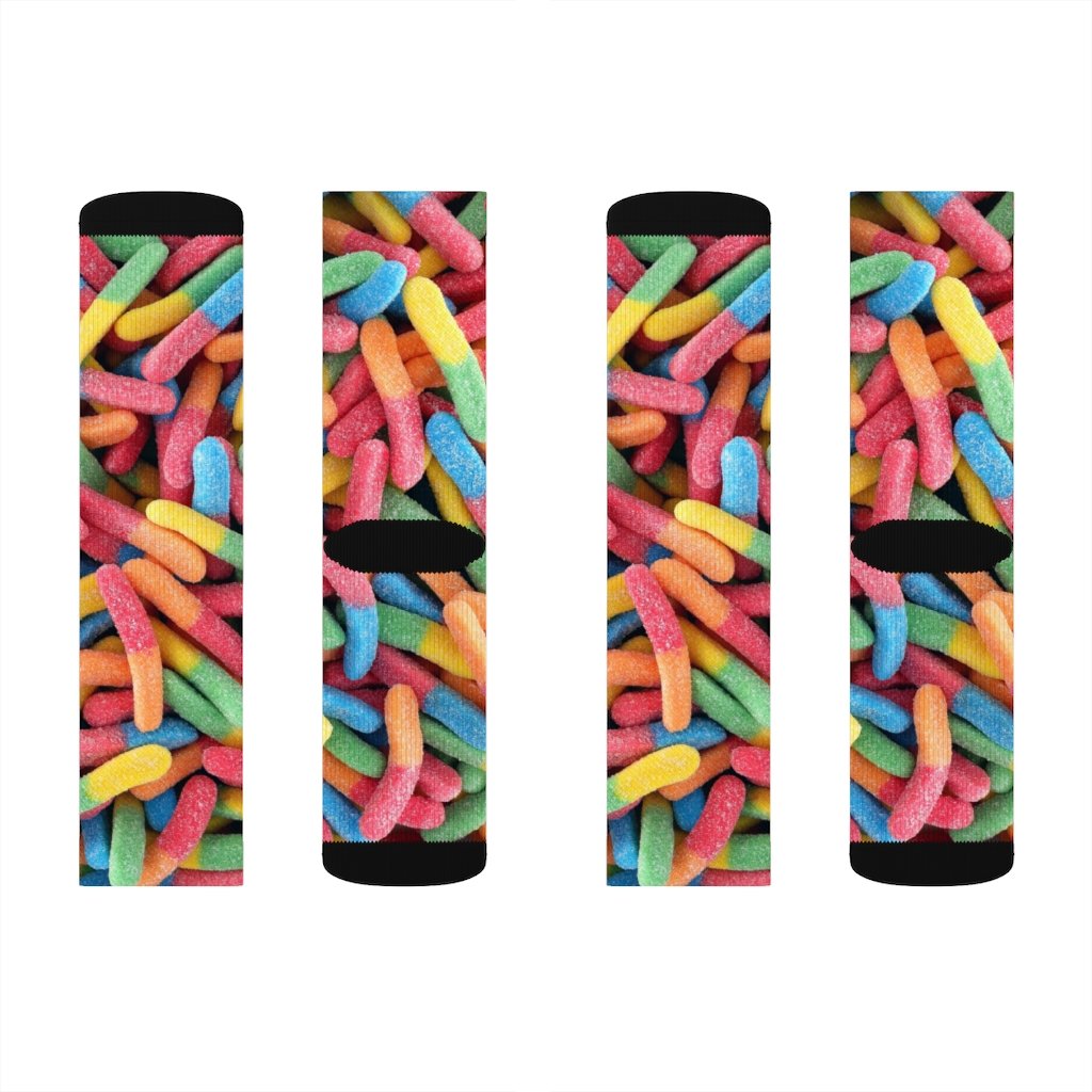 A pair of colorful Gummy Candy Novelty Socks featuring a vibrant candy print, perfect for adding a fun touch to any outfit.