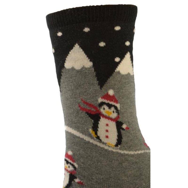 Happy Penguin Theme Holiday Cotton Crew socks featuring a playful penguin design and colorful stripes, perfect for festive occasions.