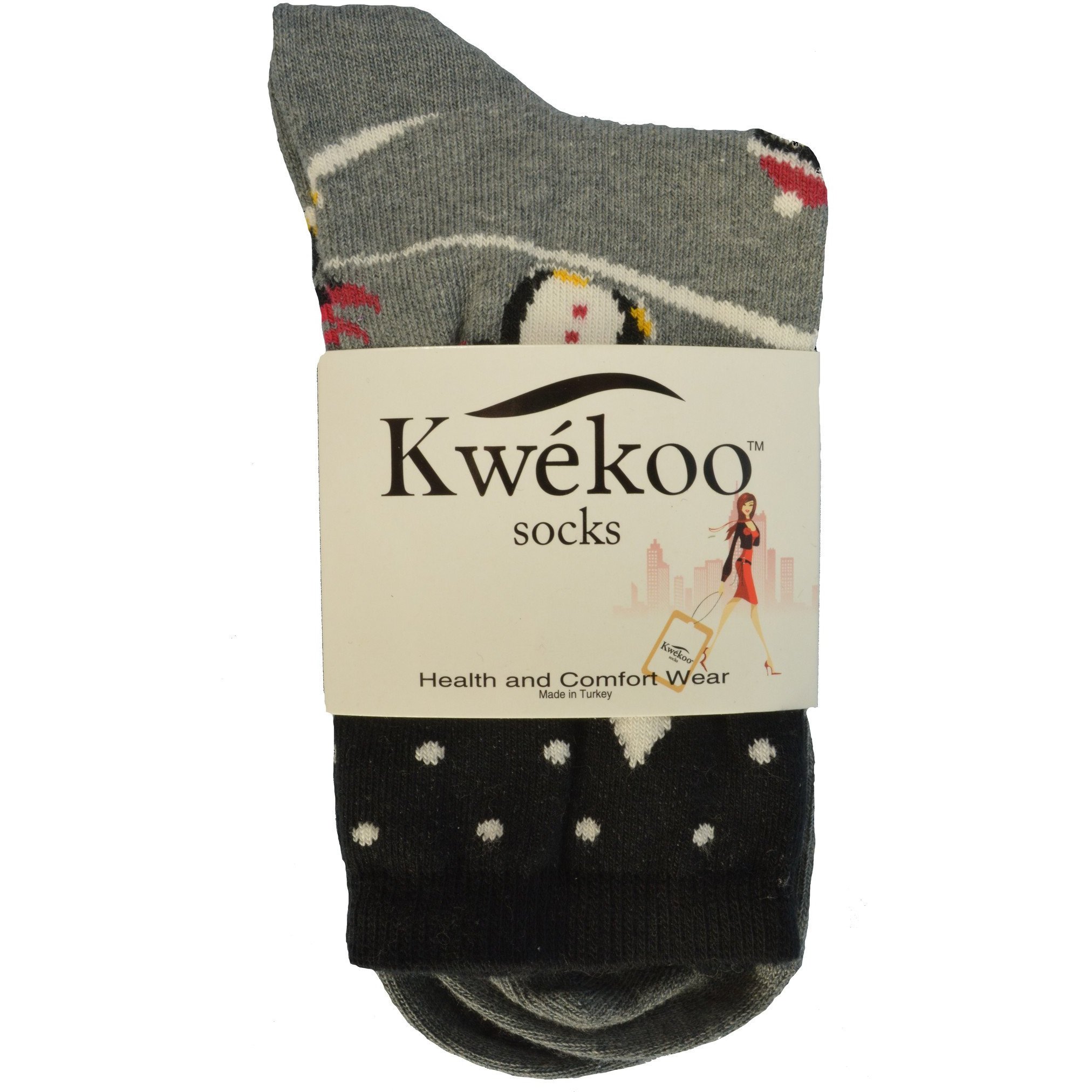 Happy Penguin Theme Holiday Cotton Crew socks featuring a playful penguin design and colorful stripes, perfect for festive occasions.