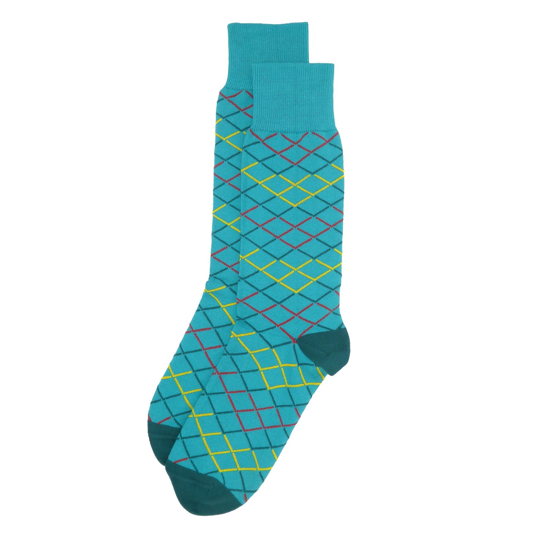 Hastings Men's Socks in Turquoise featuring a scale mail pattern with red, dark teal, and yellow colors, complemented by a sea green heel and toe.