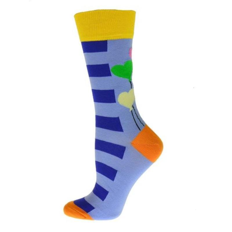 Colorful cotton crew socks featuring heart balloons and stripes pattern, perfect for adding fun to your outfit.