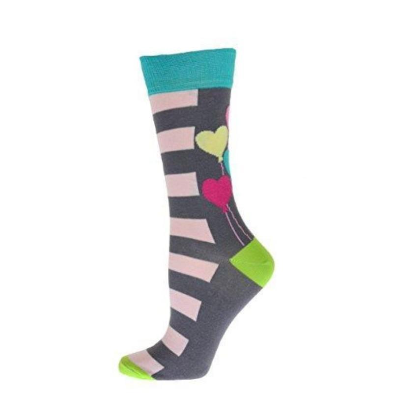 Colorful cotton crew socks featuring heart balloons and stripes pattern, perfect for adding fun to your outfit.