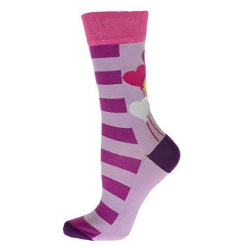 Colorful cotton crew socks featuring heart balloons and stripes pattern, perfect for adding fun to your outfit.