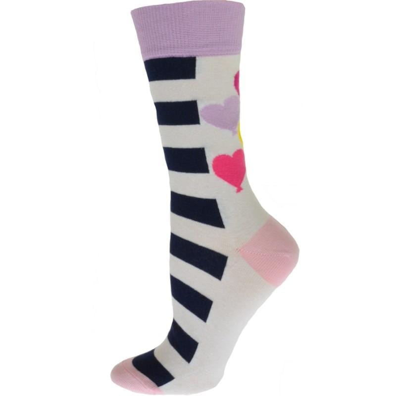 Colorful cotton crew socks featuring heart balloons and stripes pattern, perfect for adding fun to your outfit.