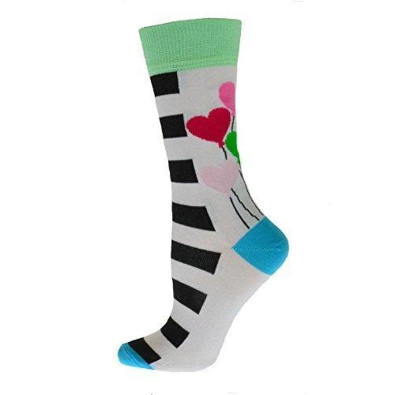 Colorful cotton crew socks featuring heart balloons and stripes pattern, perfect for adding fun to your outfit.