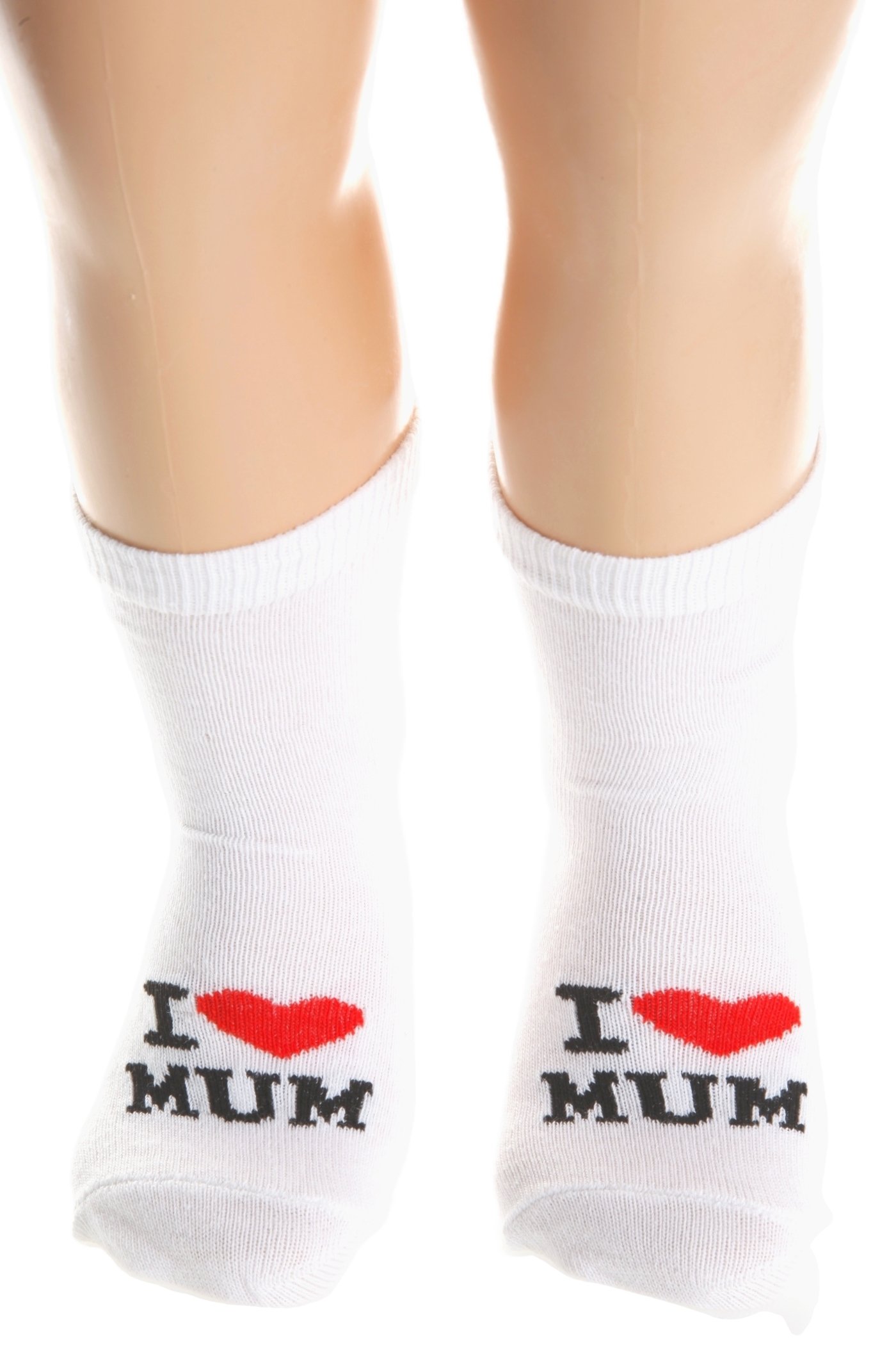 A pair of white cotton baby socks with 'I LOVE MUM' printed on them, showcasing their soft texture and cute design.