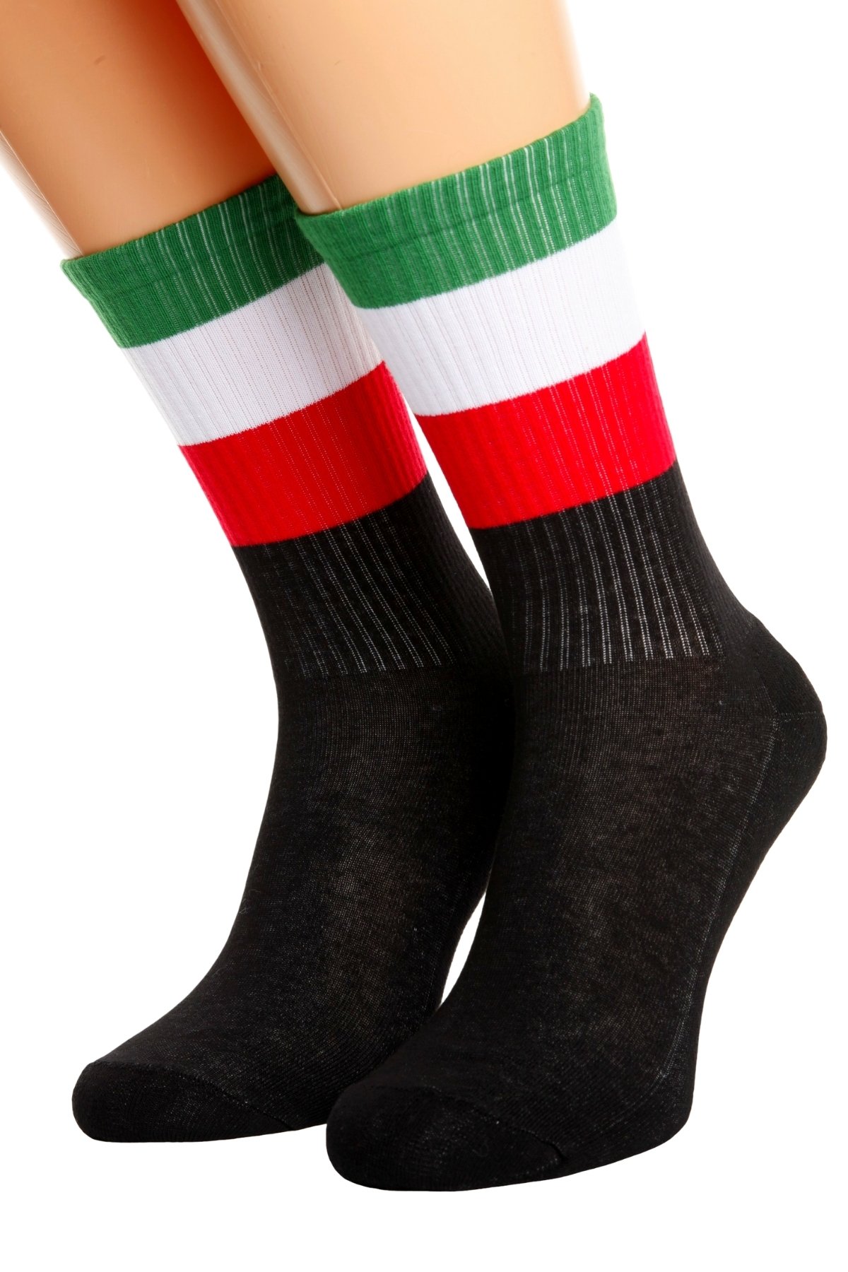 A pair of black cotton socks featuring the Italian flag design and 'ITALY' written on the sole, perfect for men and women.