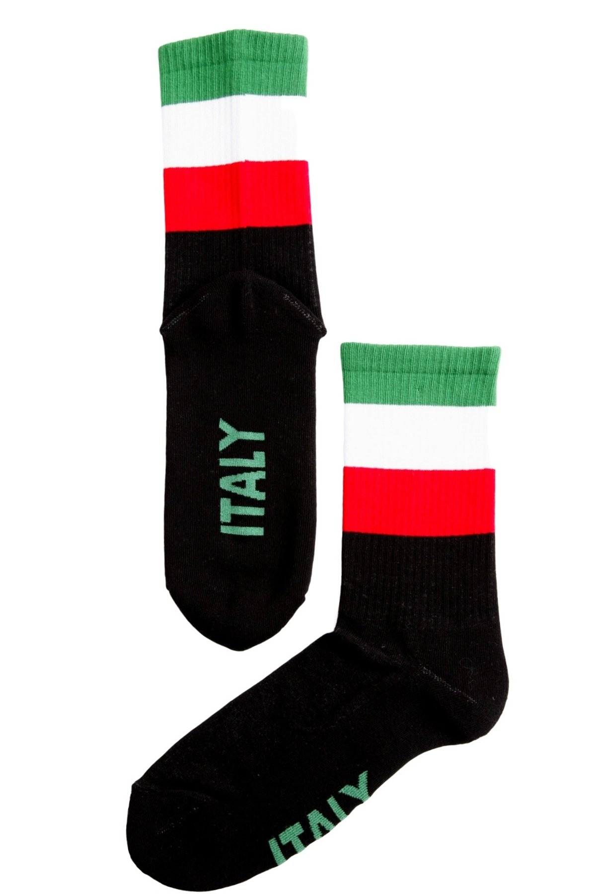 A pair of black cotton socks featuring the Italian flag design and 'ITALY' written on the sole, perfect for men and women.