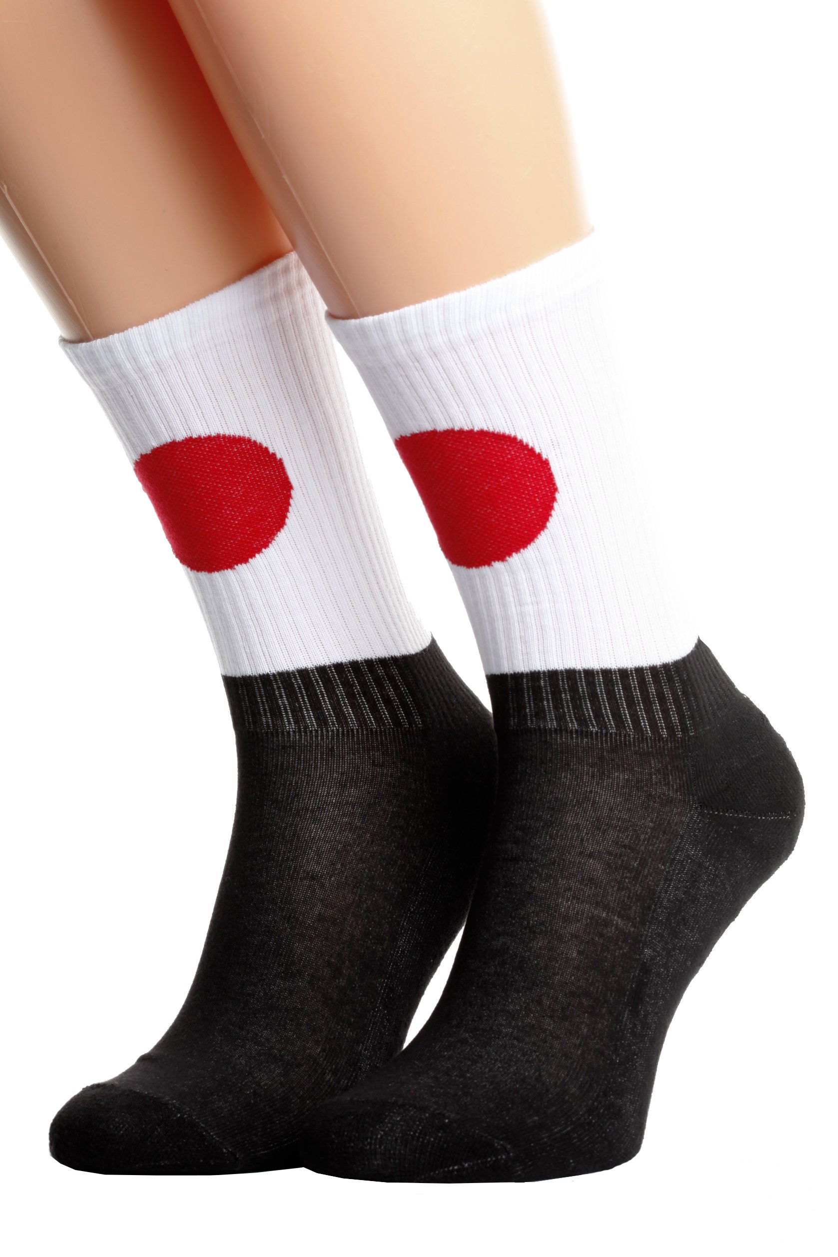 A pair of JAPAN flag socks featuring a black base with a ribbed knit design and the Japanese flag on the side.