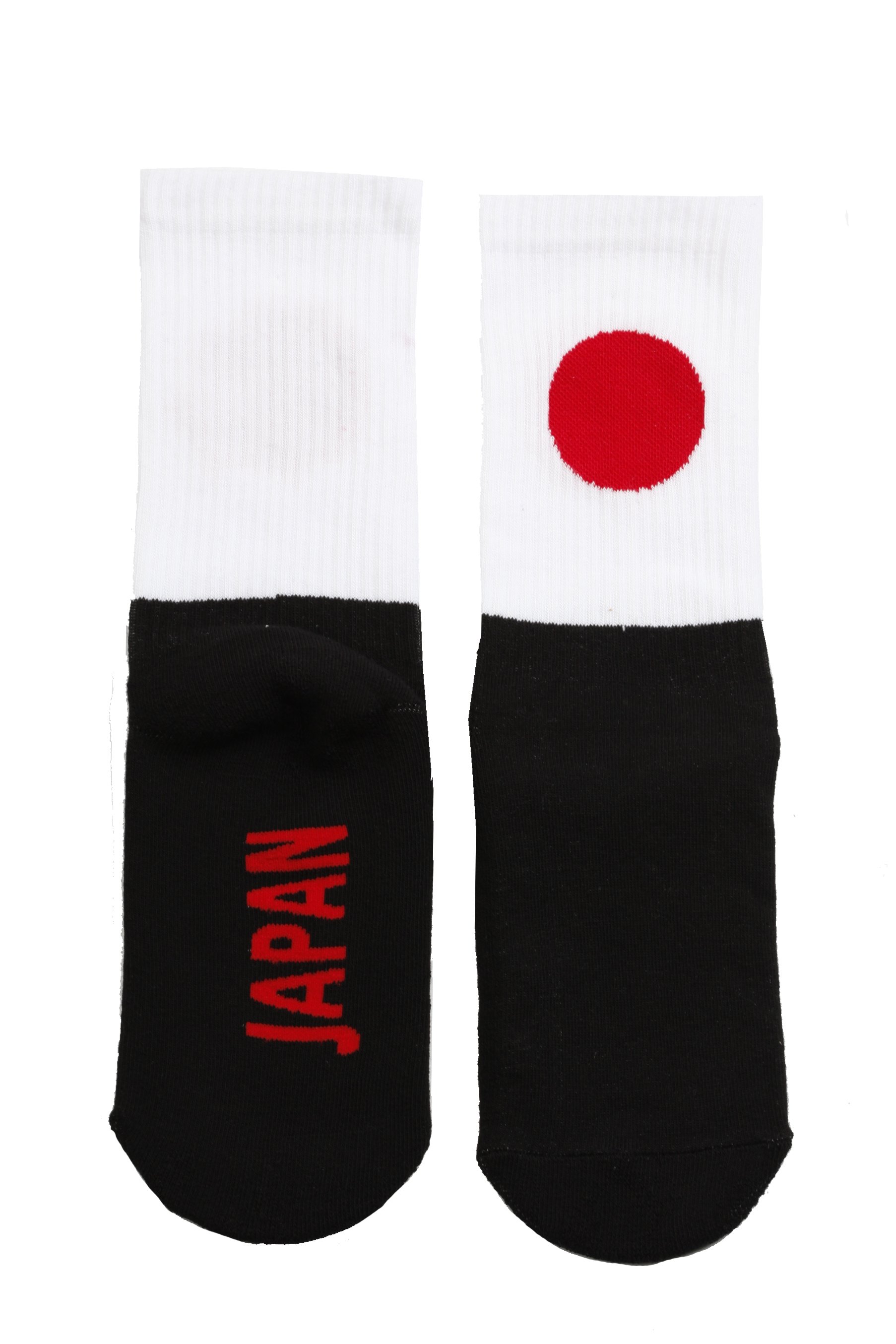 A pair of JAPAN flag socks featuring a black base with a ribbed knit design and the Japanese flag on the side.