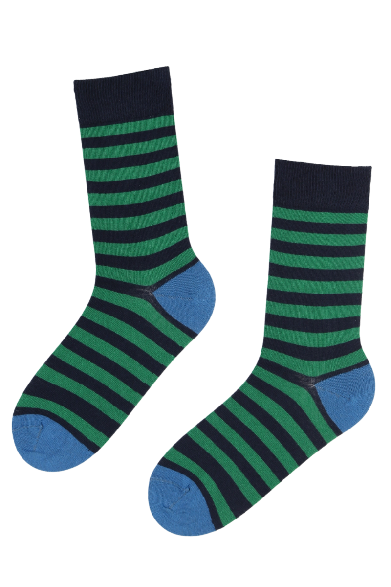 A pair of JOEL green striped cotton socks featuring vibrant green and blue stripes, perfect for men and women.